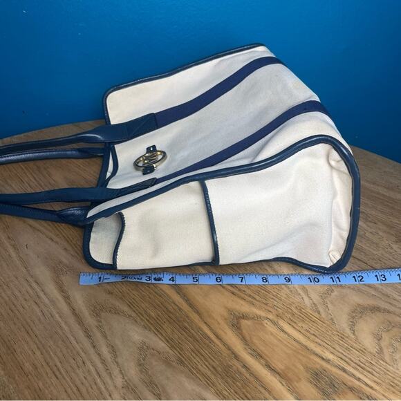 Michael Kors Canvas Leather Trimmed Large Tote Travel Bag Ivory Navy Blue - Picture 16 of 16